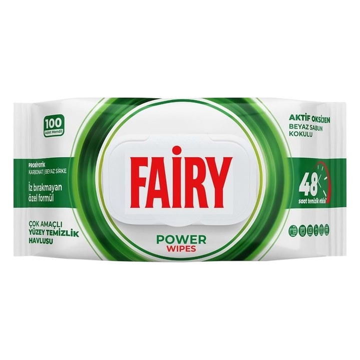 دستمال مرطوب تمیزکنندهٔ سطوح فیری مدل Power Wipes با رایحهٔ اکسیژن فعال و صابون سفید و ۴۸ ساعت تمیزی بستهٔ ۱۰۰ عددی