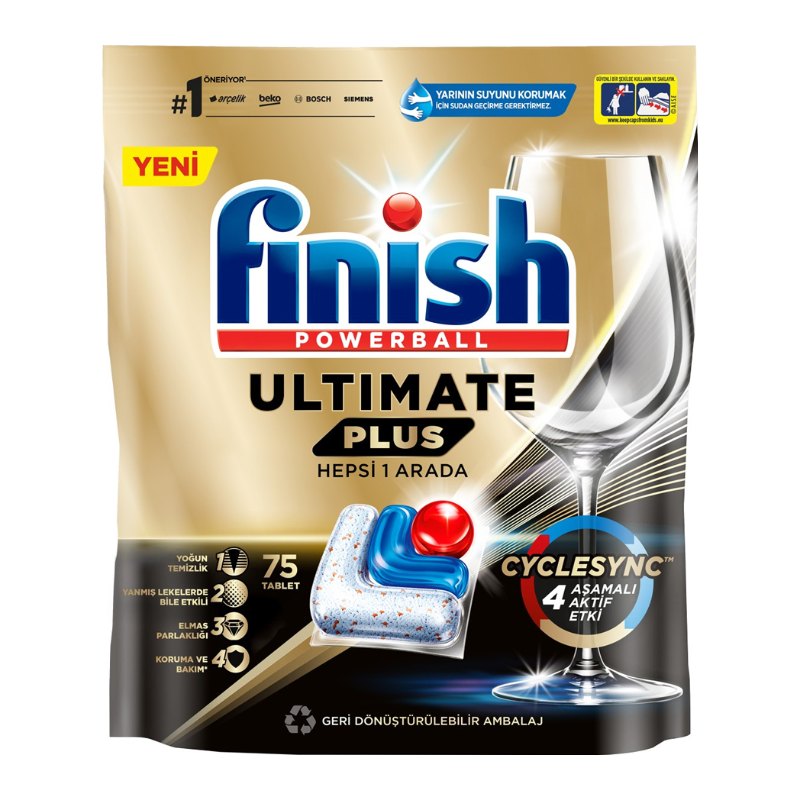 قرص ماشین ظرفشویی فینیش مدل Ultimate Plus همه‌کاره (Hepsi 1 Arada) طلایی بستهٔ ۷۵ عددی