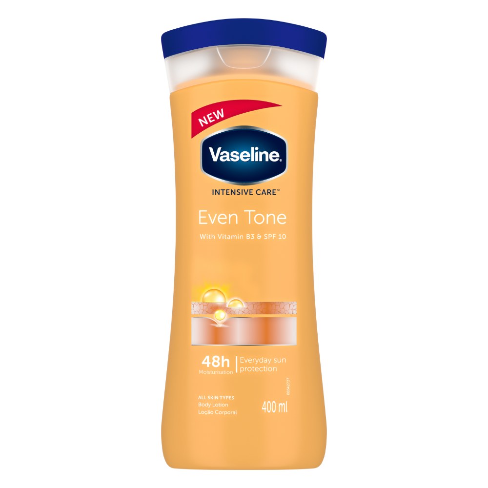 لوسیون بدن وازلین مدل Intensive Care Even Tone با ویتامین B3 و SPF 10 روشن‌کننده و یکنواخت‌کننده ۴۰۰ میلی‌لیتر