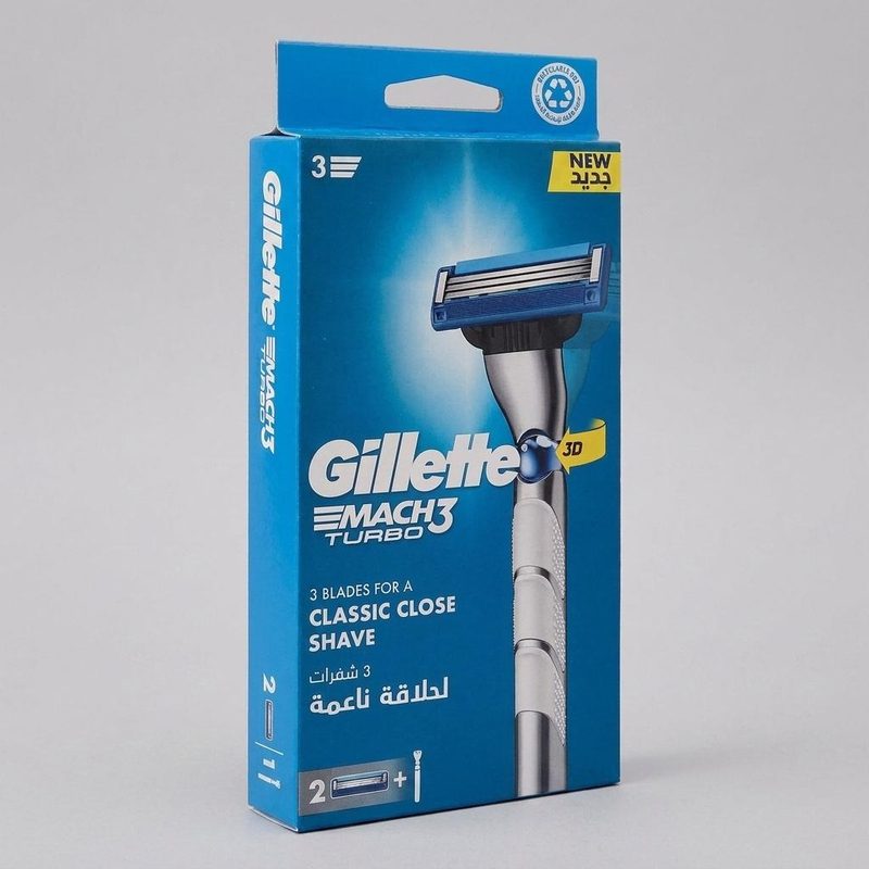 خودتراش ژیلت مدل Mach3 Turbo سه‌لبه به همراه تیغ یدک (بستهٔ ۲ عددی)