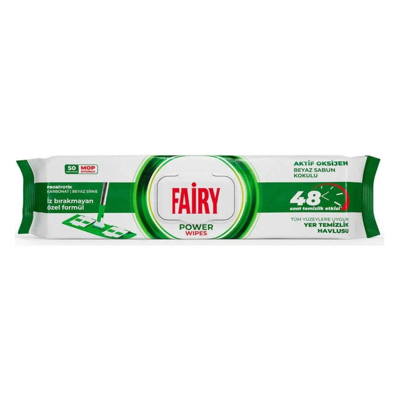 دستمال مرطوب مخصوص تی (کف‌شوی) فیری مدل Power Wipes با رایحهٔ اکسیژن فعال و صابون سفید بستهٔ ۵۰ عددی