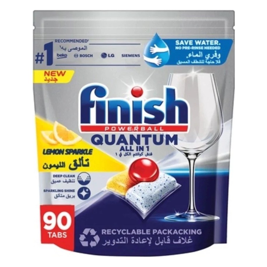 قرص ماشین ظرفشویی فینیش مدل Quantum All in 1 رایحهٔ لیمو (Lemon Sparkle) بستهٔ ۹۰ عددی