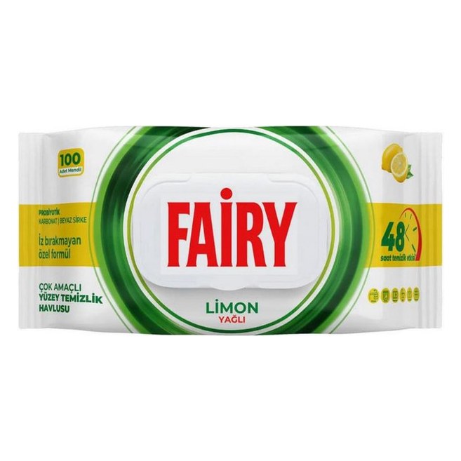 دستمال مرطوب تمیزکنندهٔ سطوح فیری مدل Limon با رایحهٔ لیمو و ۴۸ ساعت تمیزی بستهٔ ۱۰۰ عددی
