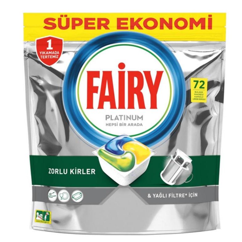 قرص ماشین ظرفشویی فیری مدل Platinum همه‌کاره با رایحهٔ لیمو بستهٔ ۷۲ عددی