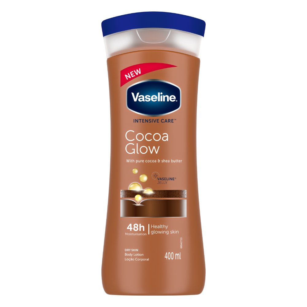 لوسیون بدن وازلین مدل Intensive Care Cocoa Glow با کره کاکائو و شی‌باتر درخشان‌کنندهٔ پوست ۴۰۰ میلی‌لیتر