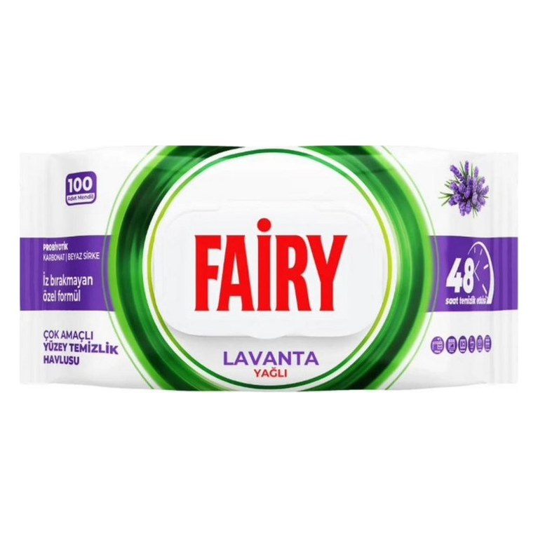 دستمال مرطوب تمیزکنندهٔ سطوح فیری مدل Lavanta با رایحهٔ اسطوخودوس و ۴۸ ساعت تمیزی بستهٔ ۱۰۰ عددی